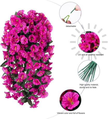 Artificial Fake Hanging Flowers Plants for Outdoor Outside Decoration, 2PCS Faux Silk UV Resistant Look Real Fuchsia Morning Glory Trailing Vines for Home Planter Porch Patio