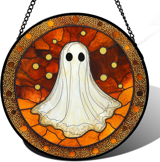 Stained Glass Window Hanging - Halloween Decorations White Ghost Suncatcher for Doors Garden Indoor