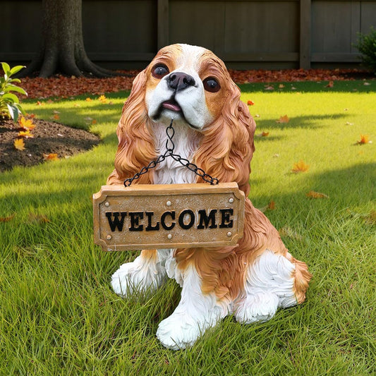 Cavalier King Charles Spaniel Statue Outdoor Decorations – Dog Statues Outdoor Blenheim Cavalier King Charles Spaniel with Replaceable Solar Light & Welcome Sign for Lawn Décor