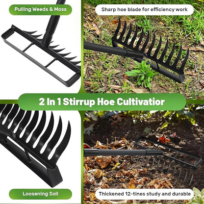 2 in 1 Stirrup Hula Hoe Garden Tool, 12 Tines Cultivators for Gardening, Weed Puller Tool with 76" Long Handle for Gardening, Weeding, Seeding, Ditching, Loosening