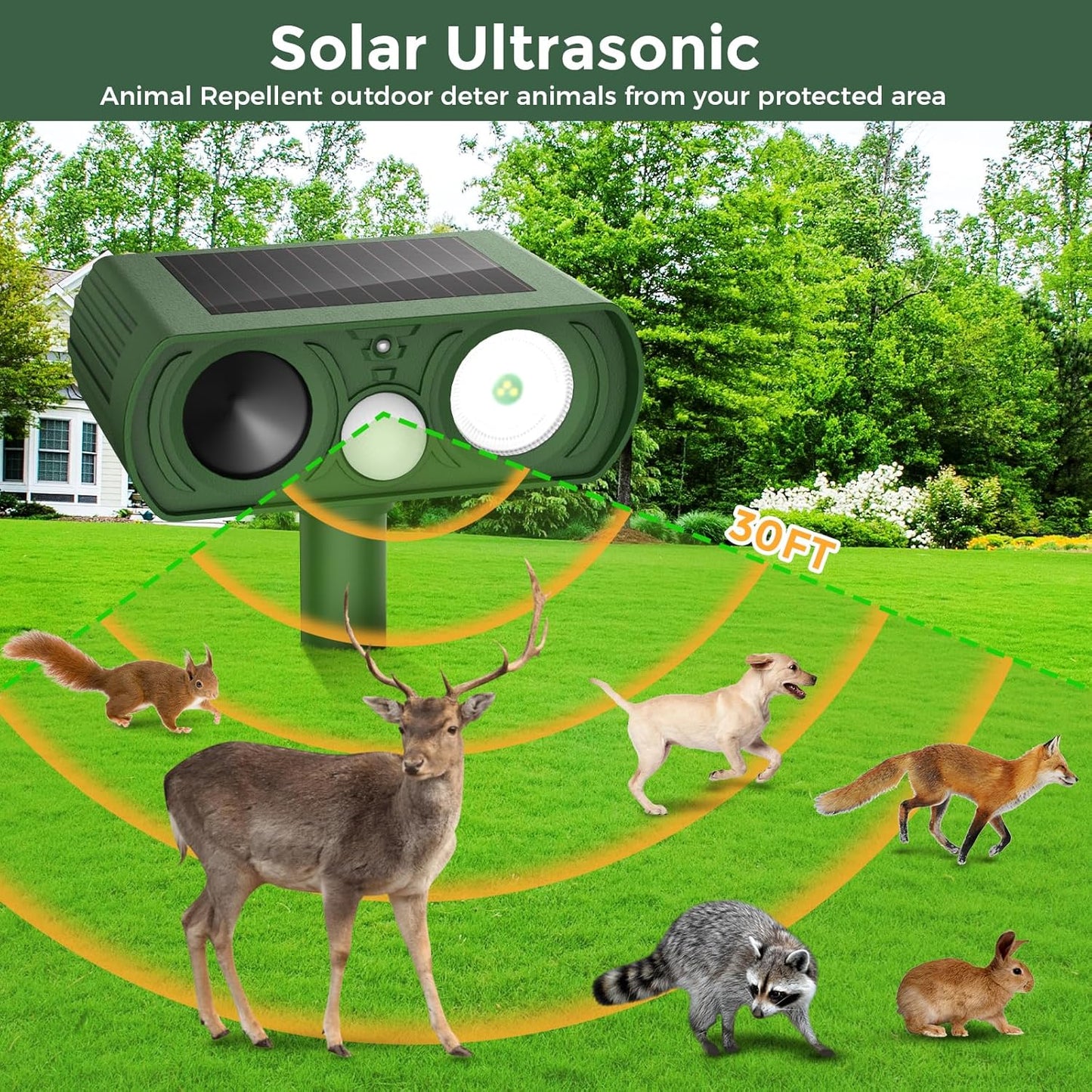 2PACK Solar Ultrasonic Animal Repellent Outdoor, Deer Repellent Devices Squirrel Cat Raccoon Rabbit Dog Deterrent, Keep Rodent Chipmunk Away Motion Detection with Flash Light for Yard Garden Lawn
