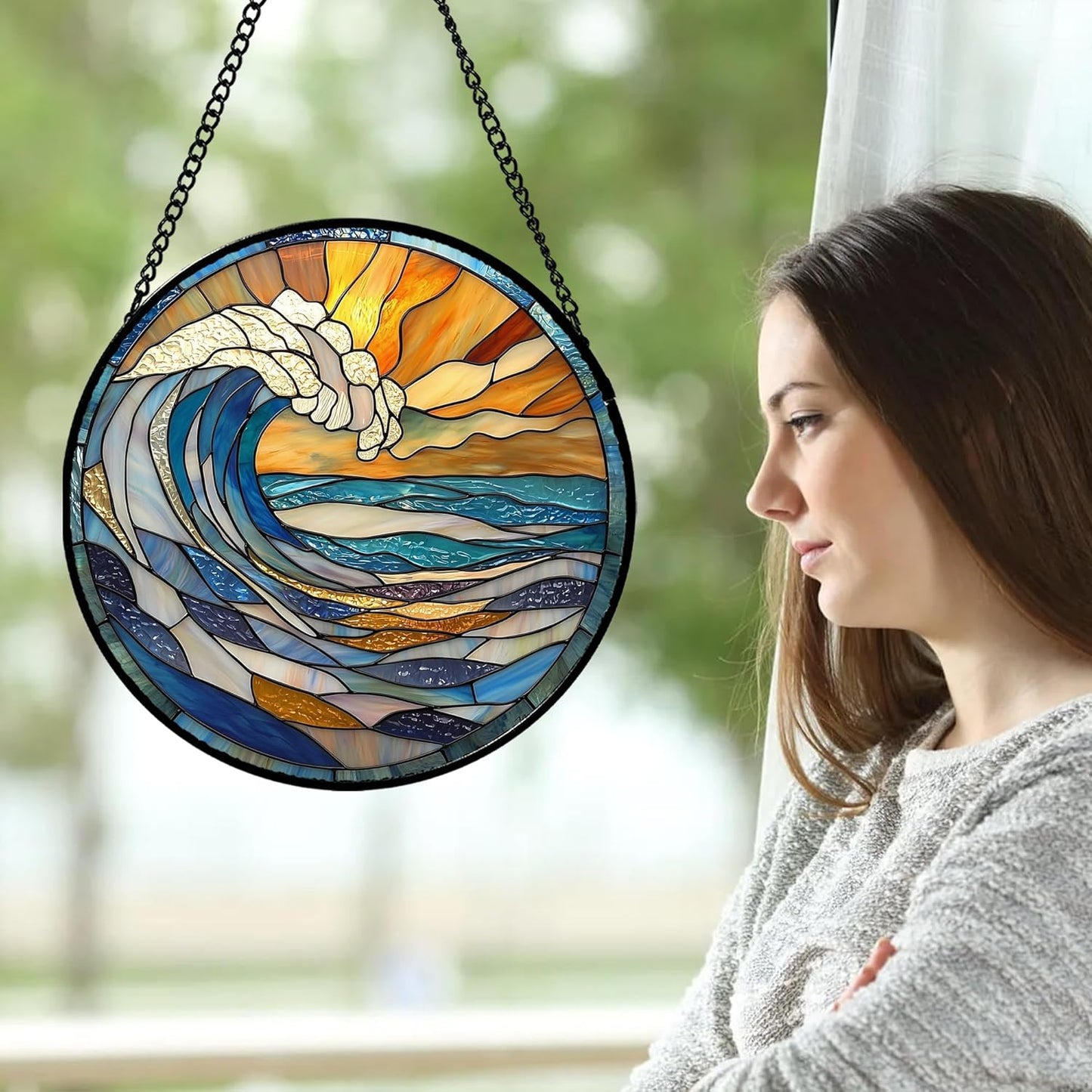 Stained Glass Window Hanging, Orange Clouds Blue White Sea Waves Landscape Suncatcher for Doors Window Home Sun Catchers Decor Mother's Day Birthday Gifts for Women Men Mom 9.8 in