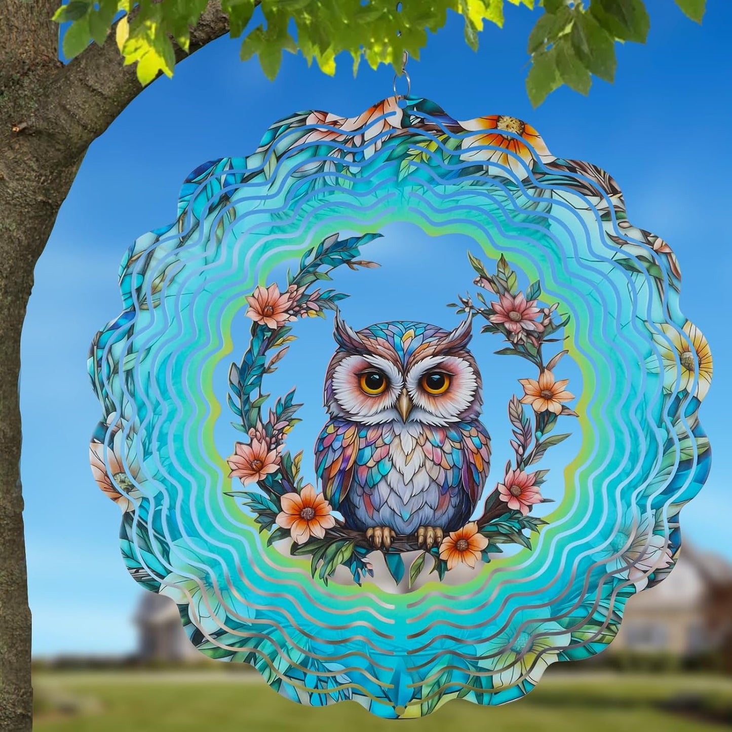 Metal Wind Spinners for Outdoor,Birthday Gifts for Women Mom Grandma, 12 Inch Owl Wind Spinner Bird Devices Deterrent to Scare Birds Away from Yard Patio Farm, Kinetic Sculpture Garden Decor