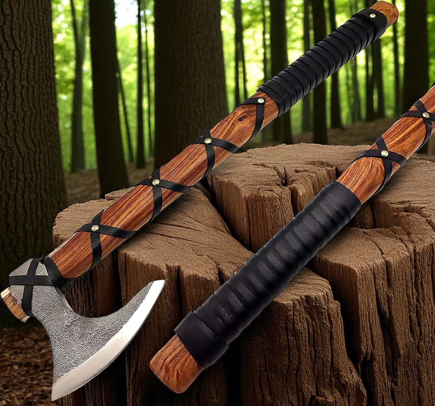 AX-7000 Custom Gift Forged Carbon Steel Viking Axe with Rose Wood Shaft, Viking Bearded Camping Axe (AX-7000) (AX-5936)