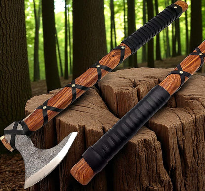 AX-7000 Custom Gift Forged Carbon Steel Viking Axe with Rose Wood Shaft, Viking Bearded Camping Axe (AX-7000) (AX-5936)