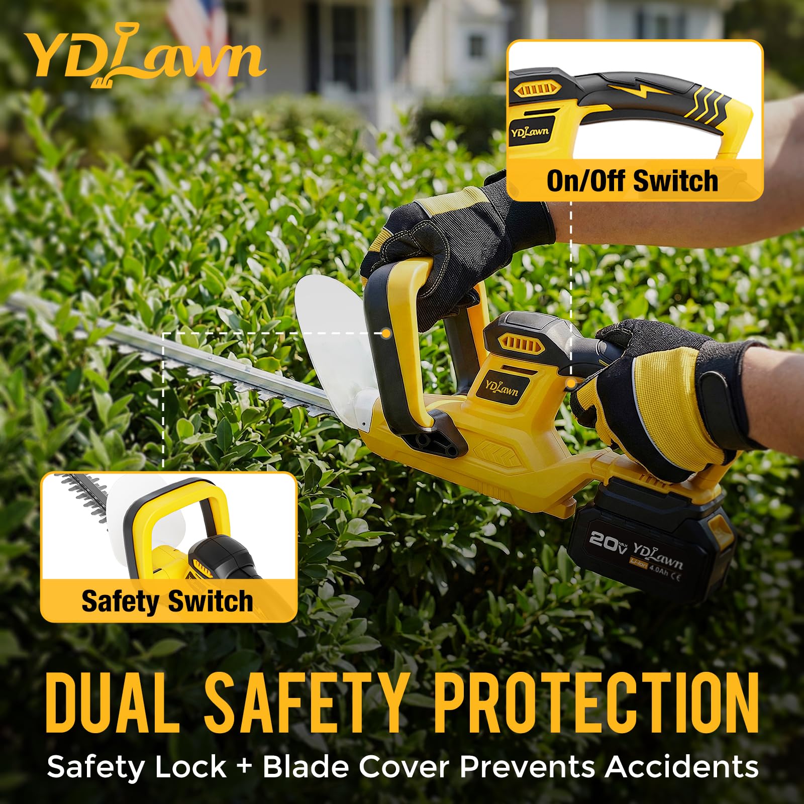 YDlawn 20V Cordless Hedge Trimmer, 22-Inch Blade, 2 x 4.0Ah Batteries