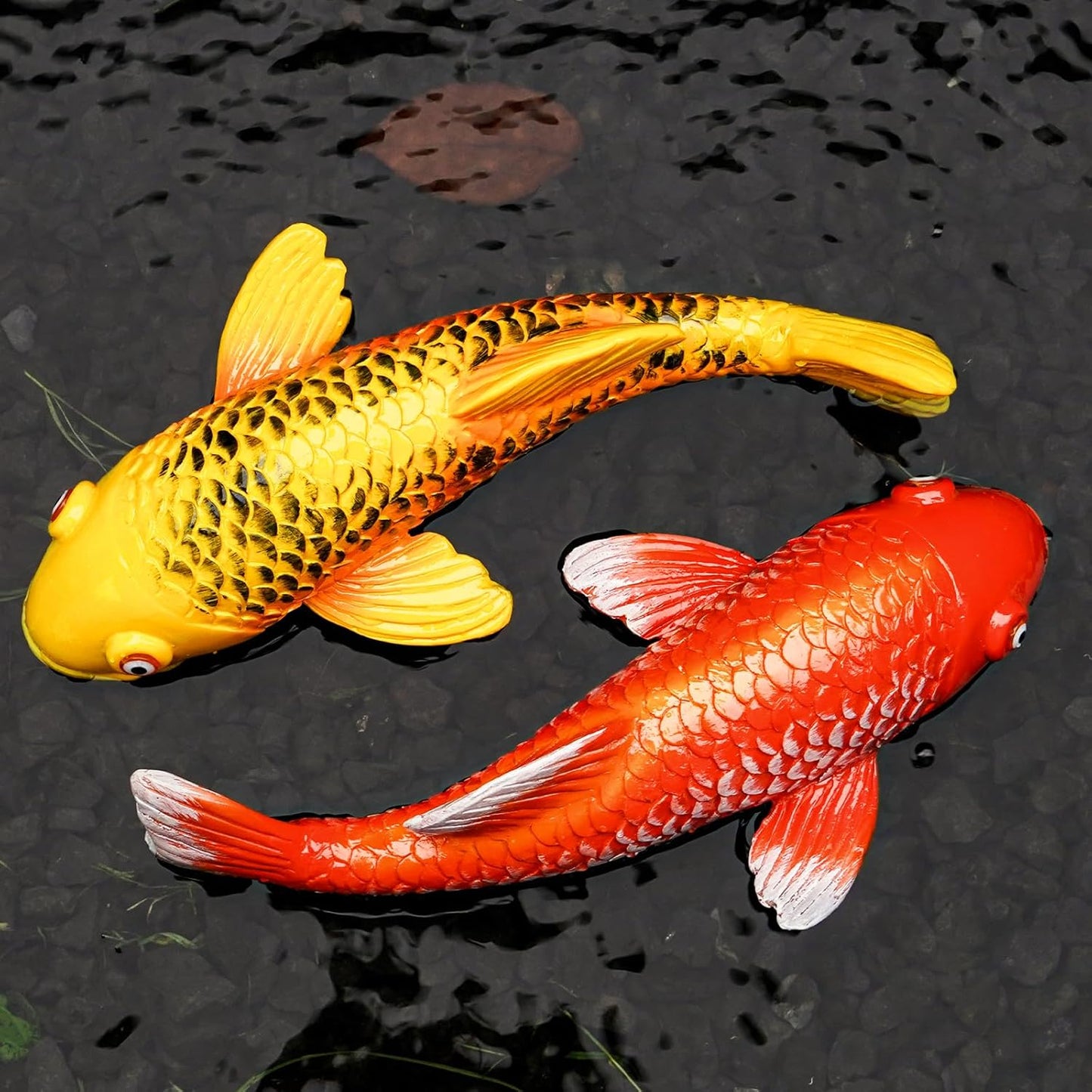 Set of 2 Koi Fish Garden Stakes, Red & Gold Resin Sculptures, Weatherproof Outdoor Patio Pond Decor, Feng Shui Yard Art, Easy Setup Gift(B&Y)