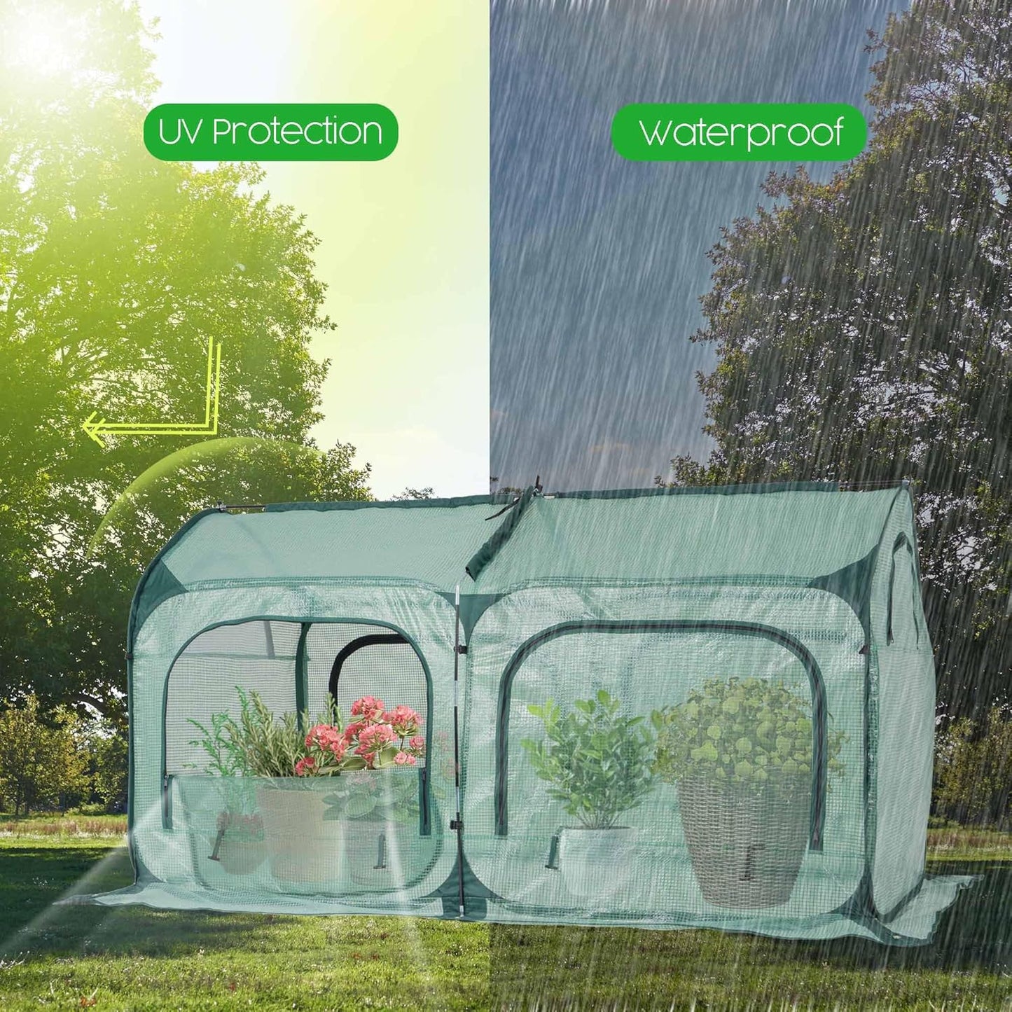 Pop up Greenhouse Tent Cover Tunnel Plant House,Large Gardening Flower Sunshine Room with Mesh Windows,Backyard PE Greenhouse Cover for Cold Frost Protector with Stakes and Rope Guys