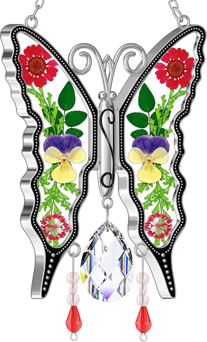 KY&BOSAM Crystal Butterfly Suncatchers for Windows Hanings Stained Glass Wind Chimes with Metal Charms Colorful Rainbow Prisms Garden Decor for Mom Grandma Christmas Wedding Gifts 8" Hanging Ornament
