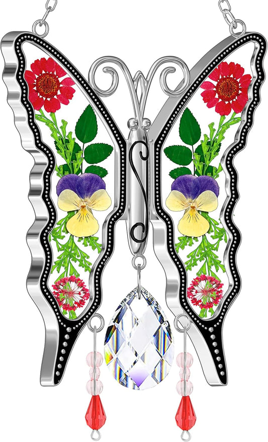 KY&BOSAM Crystal Butterfly Suncatchers for Windows Hanings Stained Glass Wind Chimes with Metal