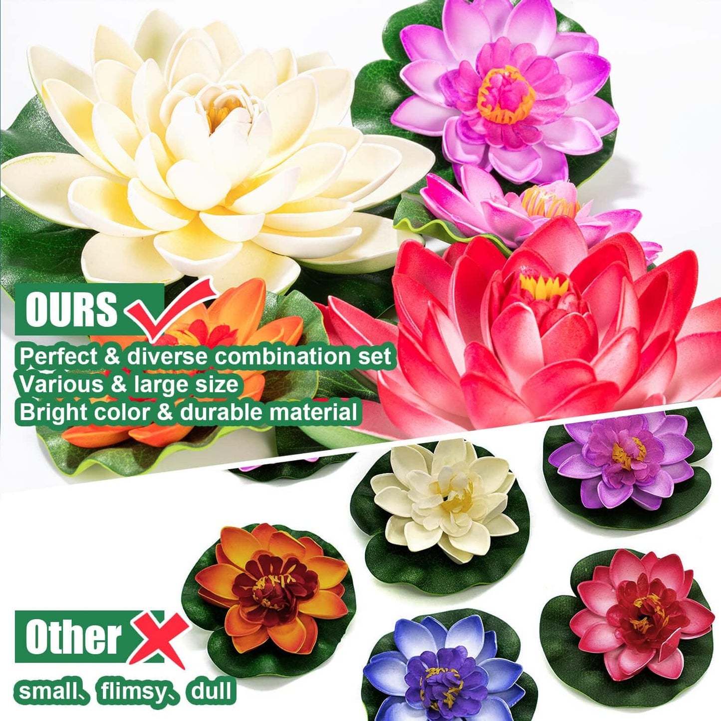 Artificial Lily Pads for Pond, 11in & 6in Artificial Flowers Floating Foam Lotus Flower with Fake Lily Pads, for Pool Garden Koi Fish Pond Aquarium Pool Wedding Decor, 14PCS