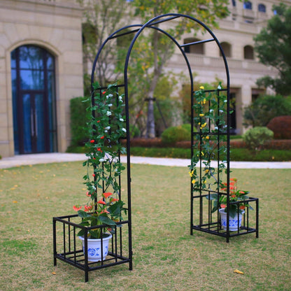 Steel Garden Arch with Plant Basket, 6'9" High x 3'8" Wide, Garden Arbor for Various Climbing Plant, Outdoor Garden Lawn Backyard