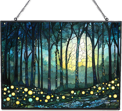 Personalized Rectangle Boho Firefly Forest Suncatcher Stained Glass Window Hangings Sun Catchers Colorful Ornament Gifts for Women Mom Wife Halloween Christmas Housewarming