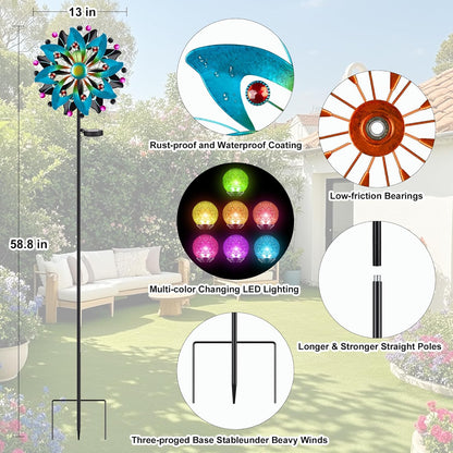 Solar Wind Spinners Outdoor - 58.8 inch Large Metal Kinetic Art Wind Sculptures Solar-Powered Multi-Color Lights Glass Ball with 360° Swivel Waterproof Windmill for Yard Garden Patio Lawn Decor