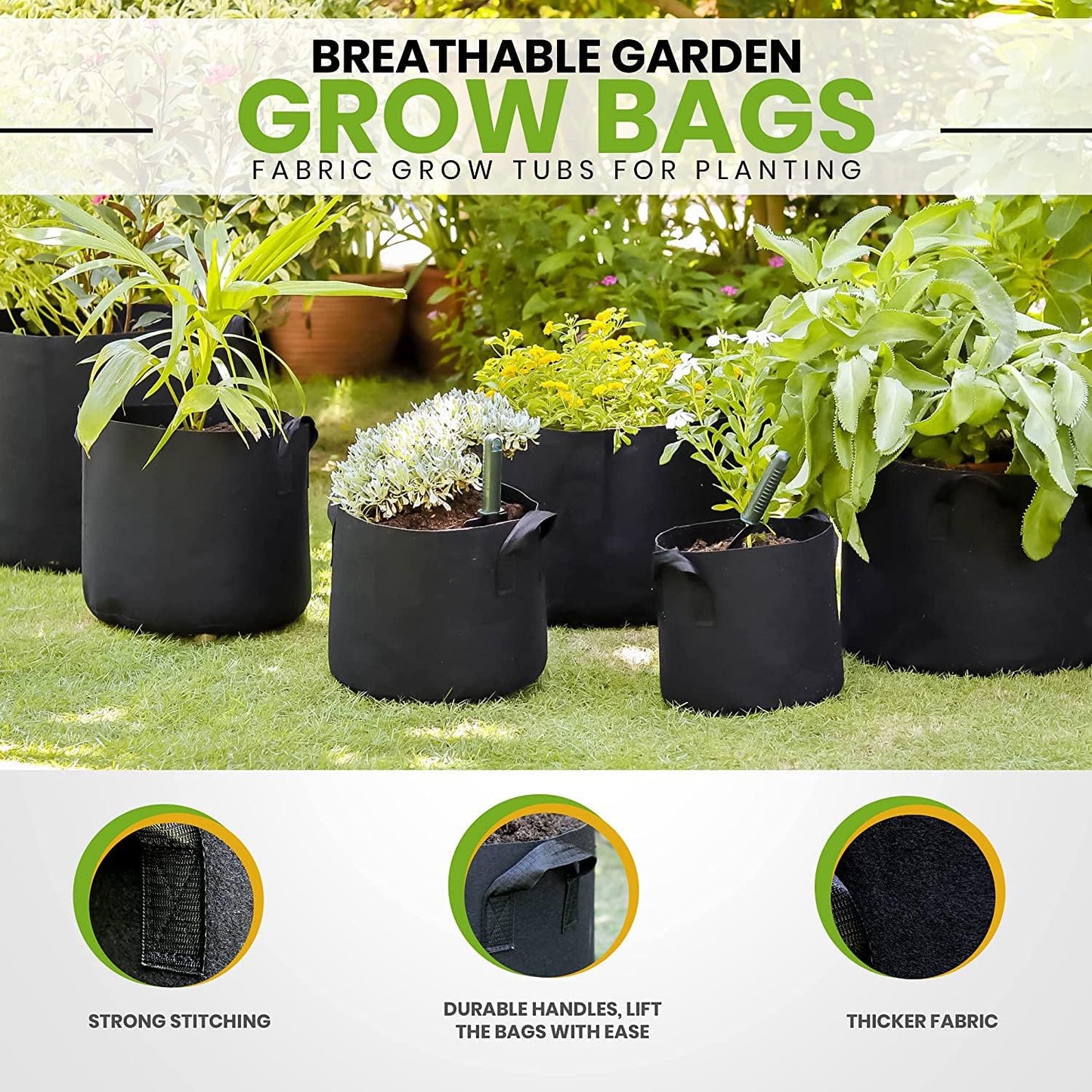 Gardenera Fabric Pots for Plants - 10-Pack 15 Gallon Grow Bags with Aeration and Handles, Great for Growing Trees and Large Shrubs