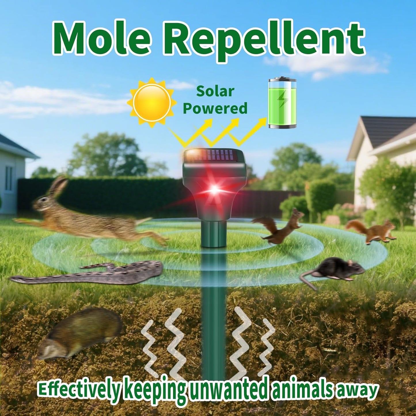 Mole Repellent Solar Powered, 8 Pack Ultrasonic Snake Repellent Outdoor, Waterproof Ultrasonic Mole Deterrent Stakes, Get Rid of Gopher, Vole, Skunk,Chipmunk, Snake Repellent for Yard, Garden, Lawn