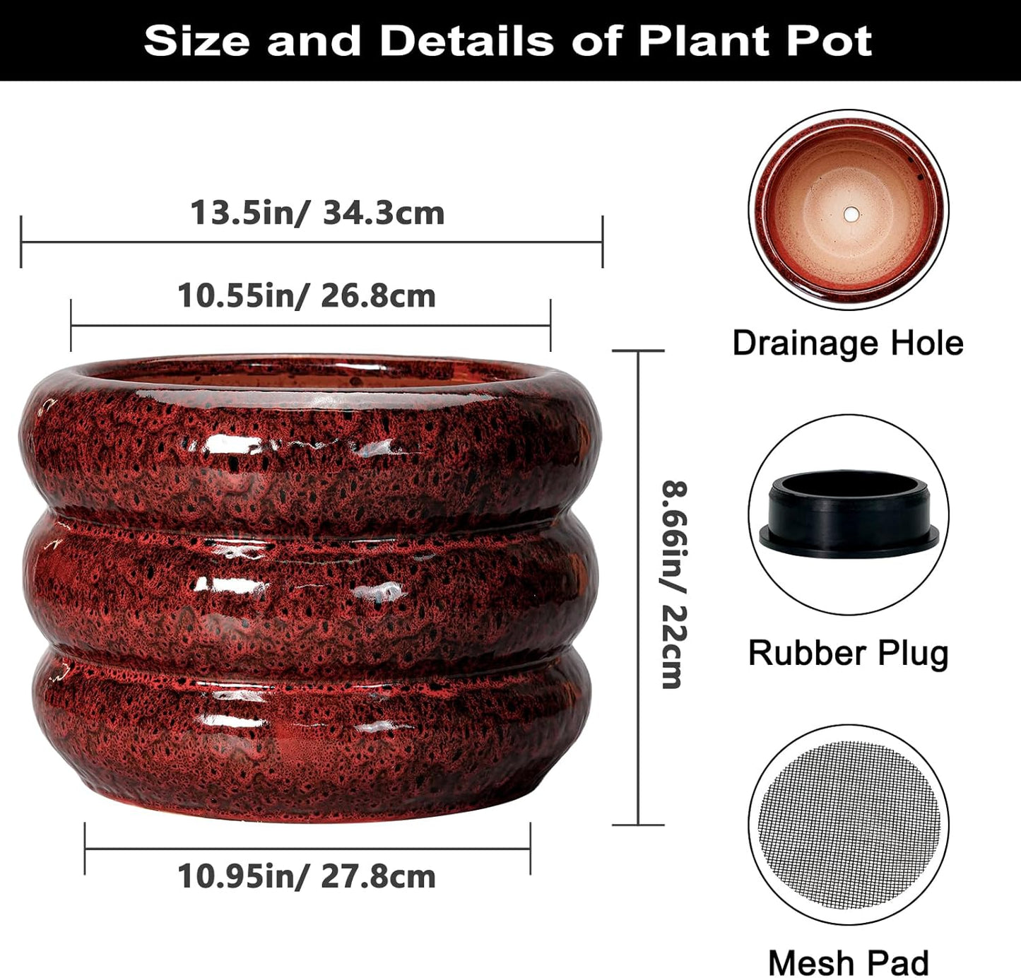 SQOWL Ceramic Planters for Indoor Plants - 13.5 Inch Plant Pot with Drainage Hole, Large Ceramic Flower Pots, Bubble Round Planter for Outdoor Plants, Room Home Office Decor, Gardening Gifts, Red