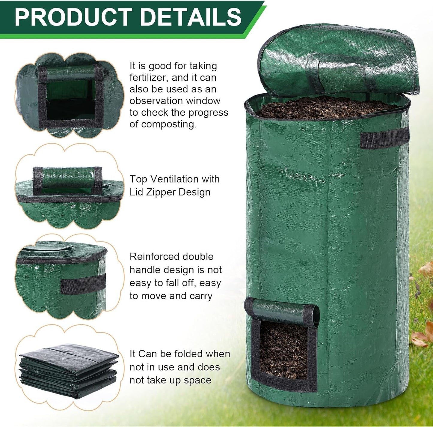 Berlune 6 Pcs Reusable Yard Waste Bags with Lid and Handles Extra Large Lawn Bags for Collecting Fall Leaves Heavy Duty Garden Trash Container for Camping Outdoor Debris Branches Grass(34 Gallon)
