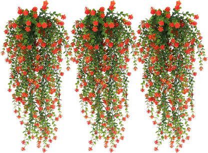 Faux Hanging Plants Hanging Greenery Outdoor Artificial Vines for Outdoors Hanging Plants with Flowers Artificial Hanging Plants Indoor Outdoor Wall Garden Wedding Interior Decoration(Orange Red)