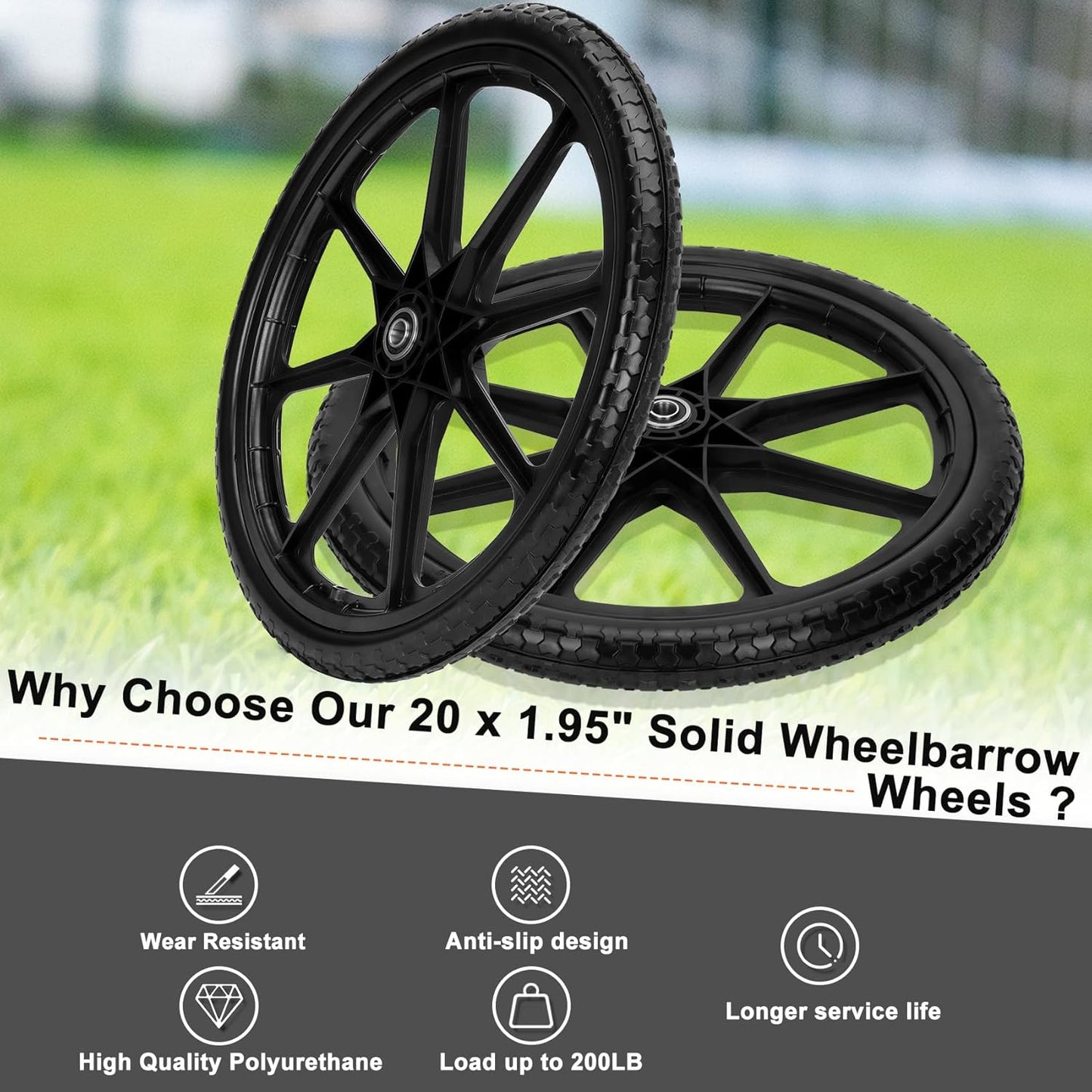 Upgraded 20" Flat Free Wheels Compatible with rubbermaid Wheelbarrow Tires, 20" Flat Free Tires with 5/8" Bearings Replacement for rubbermaid Cart Wheels/Big Wheel Utility Carts(5/8" Bearings)