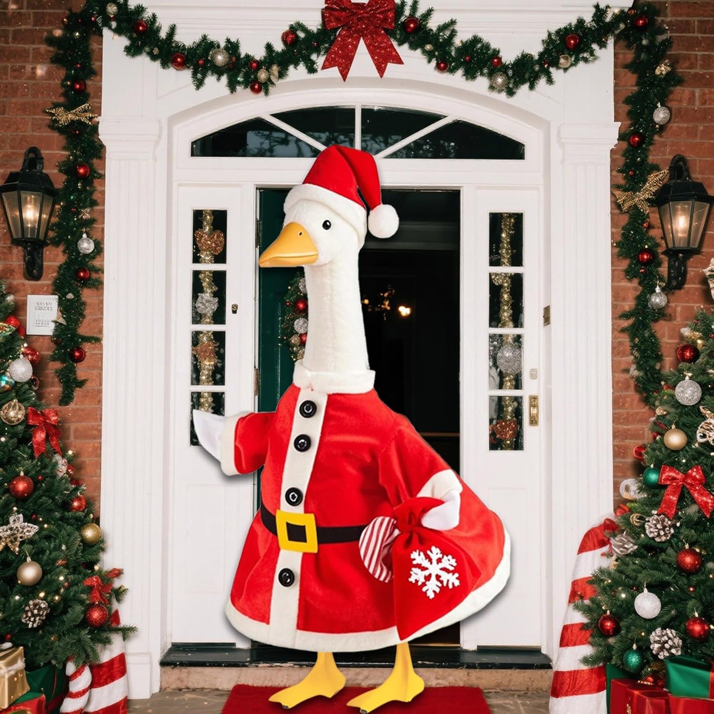 Christmas Santa Porch Goose Outfit for Large 23" High Cement or Plastic Goose Statue, Yard Goose Cloths with Snowflake Gift Bag and Christmas Hat Decor for Outdoor Lawn Gaden Patio