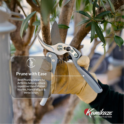 Kamikaze Pruning Shears, Professional Heavy Duty Handheld Clippers with Japanese Steel Titanium Blade, 1" Cutting Capacity, Ergonomic Handle Reduces Fatigue & Boosts Efficiency – Arthritis-Friendly