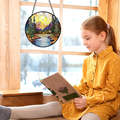 kdqua Mountain Suncatcher Stained Glass Window Hanging, Nature Sunset River Landscape Sun Catchers Indoor Window Glass Round Wall Decor, Mountain Wall Art Hanging Decorations Statues, 7.9x7.9in