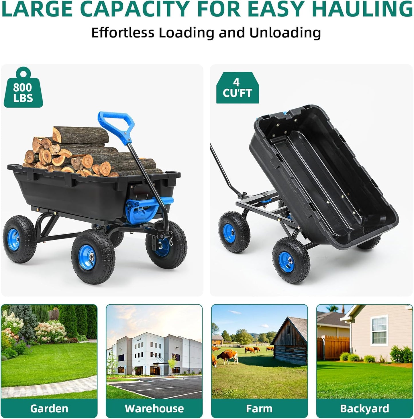 800lb Garden Dump Cart,Utility Wagon Wheelbarrows with Quick-Release System&4 Pneumatic Tires,Heavy Duty Yard Dump Wagon with Steel Frame for Yard, Farm, Garden and Holiday Hauling (Blue)