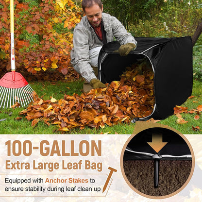 Pop Up Leaf Collector with Anchor Stakes, Collapsible Reusable Garden Waste Bag,Heavy-Duty Lawn Leaf Bag for Yard Debris, Grass, and Outdoor Cleanup,38"×24.5"×24.5",100-Gallon,Black