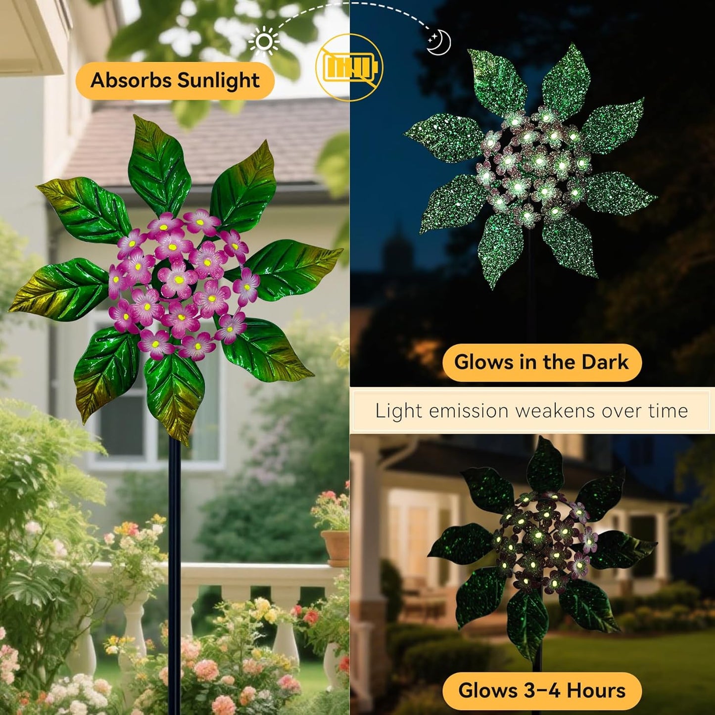 Solar Glow Garden Wind Spinner Outdoor, 13" W Flower Metal Wind Spinner & Sculptures with Fluorescent Coating, Kinetic Windmill for Yard Lawn Patio Decor, Pink