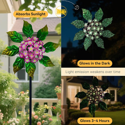 Solar Glow Garden Wind Spinner Outdoor, 13" W Flower Metal Wind Spinner & Sculptures with Fluorescent Coating, Kinetic Windmill for Yard Lawn Patio Decor, Pink