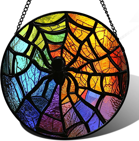 Stained Glass Suncatcher, Colorful Spider Sun Catcher Black Insect Stain Glass Window Hanging