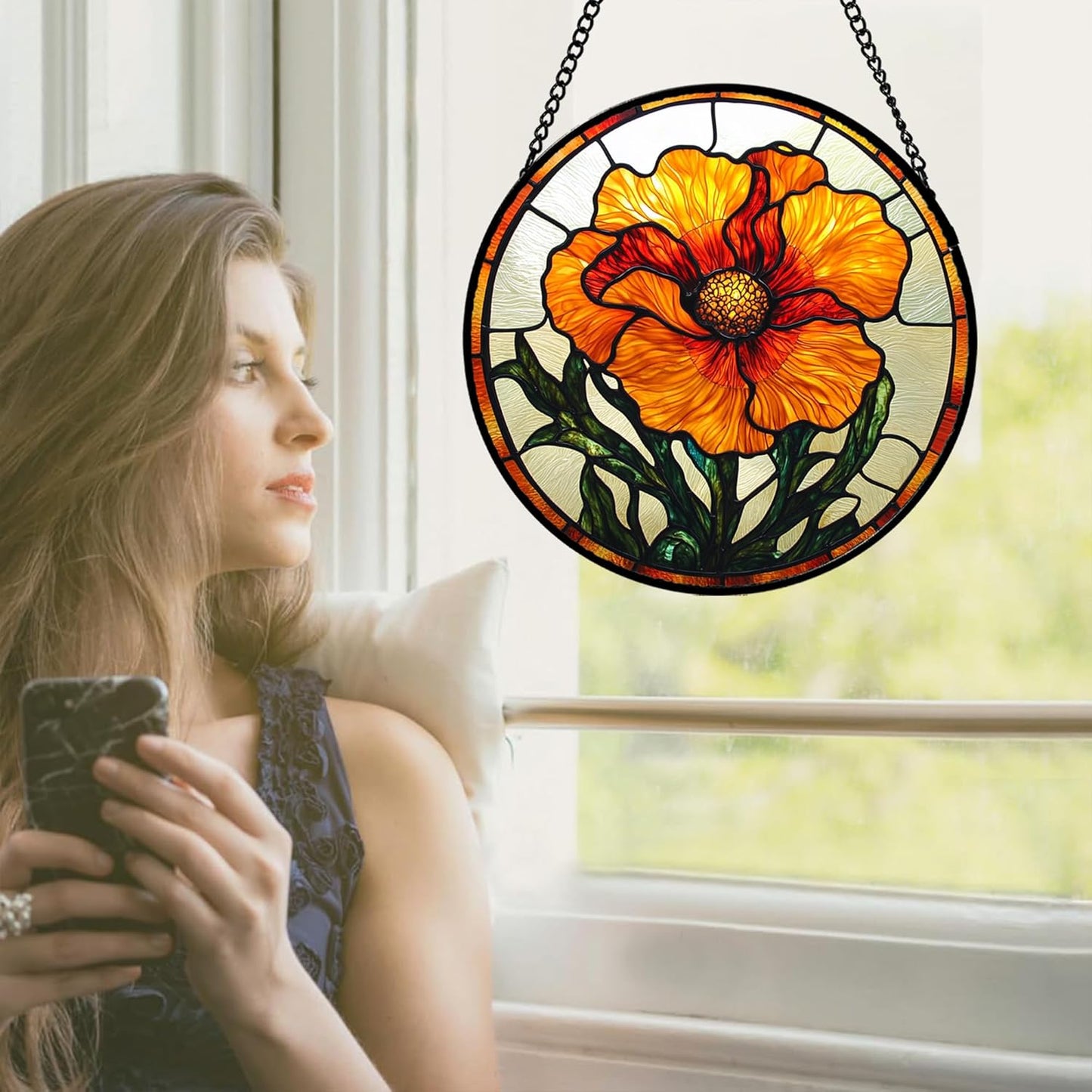 Stained Glass Window Hanging - Orange Poppy Birth Flower Suncatcher for Door Garden Yard Retro Sun Catchers Decor Christmas Mother's Day Birthday Gifts for Women Mom Nana Friend 6.3 in