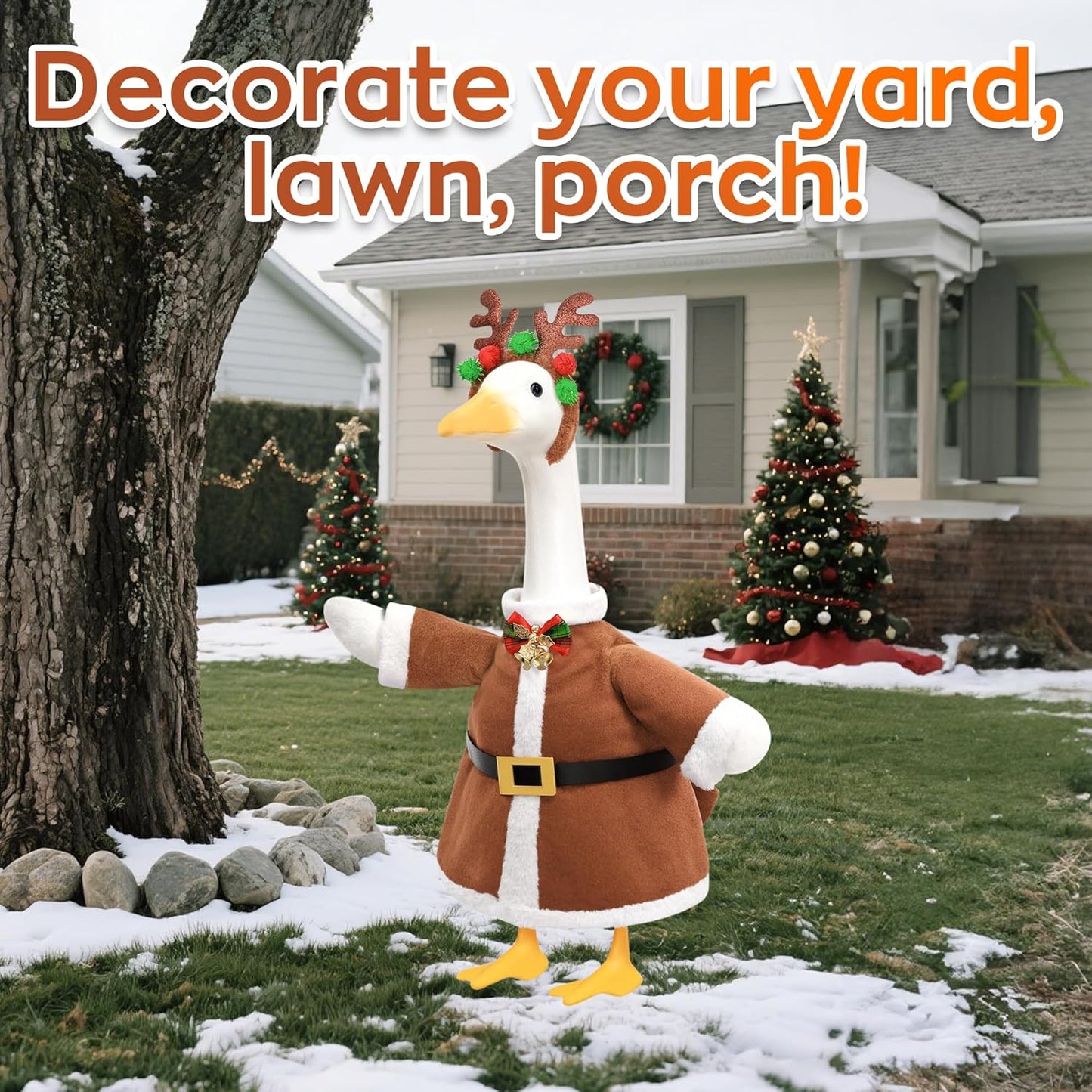 Christmas Porch Goose Outfit for Large 23" High Cement or Plastic Goose Statue, Yard Goose Cloths with Deer Antler Headband, Bell Bow Tie Decor for Outdoor Lawn Gaden Patio