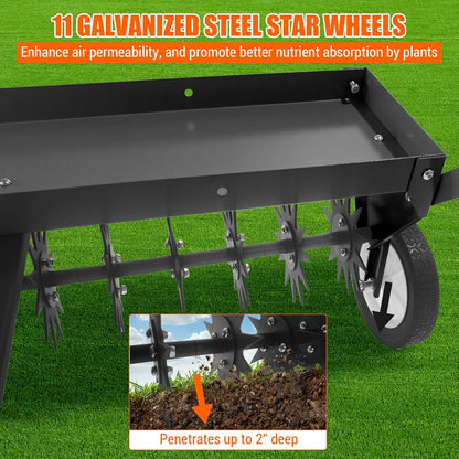 Tow Behind Aerator 40 Inch with Steel Teeth and Transport Wheels, Adjustable Handle Pull Behind Plug Aerator with Tray for Farm Lawn Garden, Durable Lawn Aeration Tool