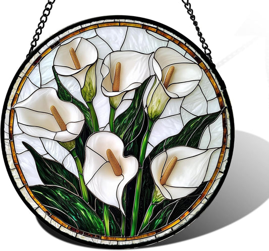 Stained Glass Window Hanging, White Calla Lily Flowers Sun Catchers Glass Panel Plant Suncatcher