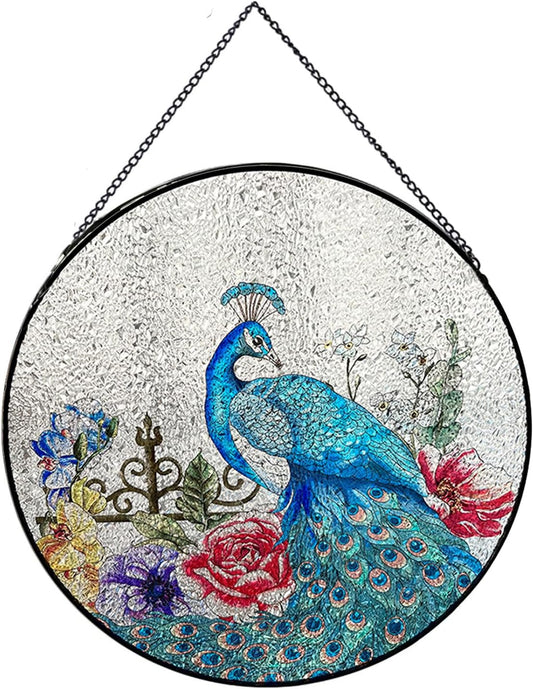 Peacock Hanging Stained Glass for Windows,20cm/7.87inch Stained Glass Suncatcher Garden Hangings