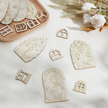 128 Pcs Fairy Doors, 16 Styles Wooden Miniature Garden Door Unfinished DIY Blank Windows for Miniature Fairy Room Decorations