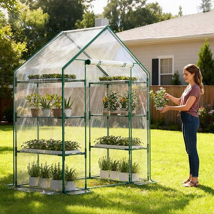 Indoor Greenhouse with Grow Light, 4-Tier 56.3"x28.7"x76.8" Mini Greenhouse with Roll-Up Zippered PVC Cover for Seed Starting Trays, Dimmable Grow Light Shelf for Indoor Plants with Timer