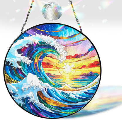 Sea Wave and Sunset Stained Glass Suncatcher – Ocean Window Hanging, Coastal Beach Decor, Unique Glass Sun Catcher Gift for Friends, Family, Couples, and Beach Lovers
