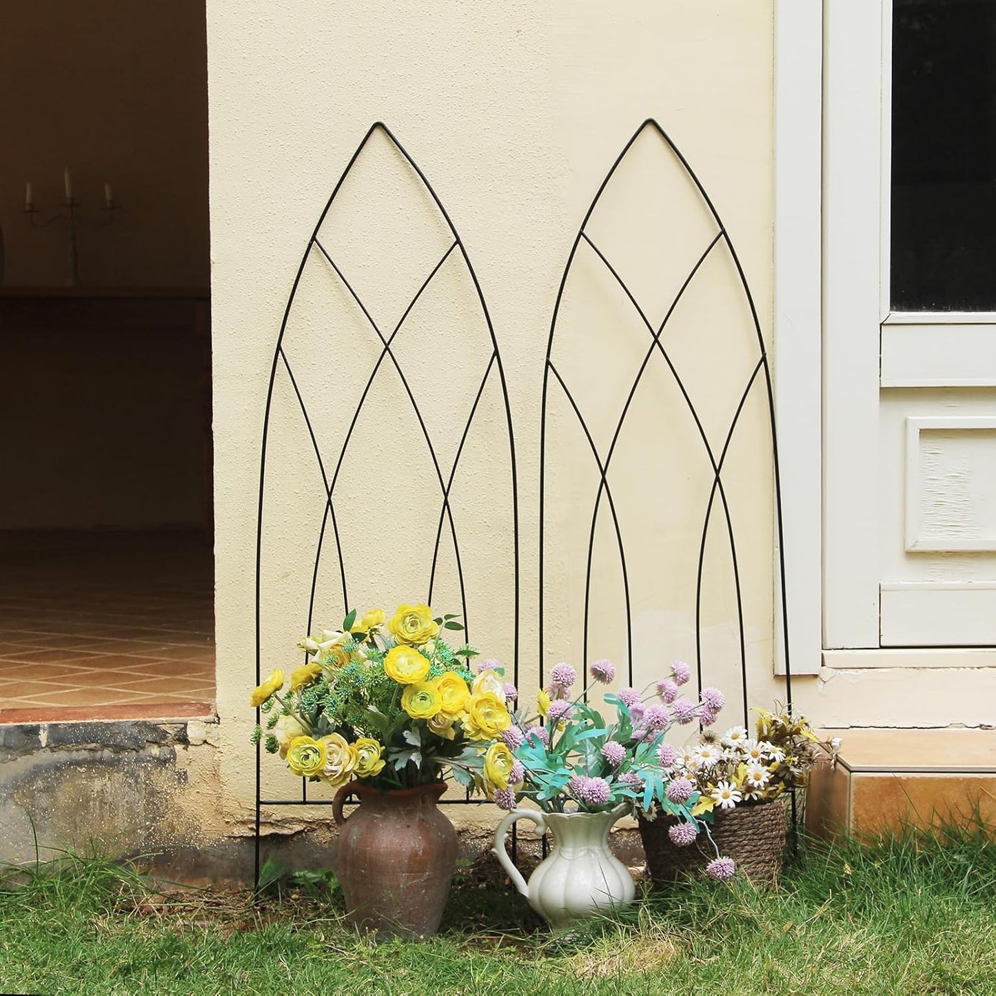 SCENDOR 45.3" H x 15" W Black Metal Garden Trellis for Climbing Plants, Black Iron Trellis for Vines Plant Rose Vegetable Support,Large Decorative Outdoor Trellis, 2 Pack