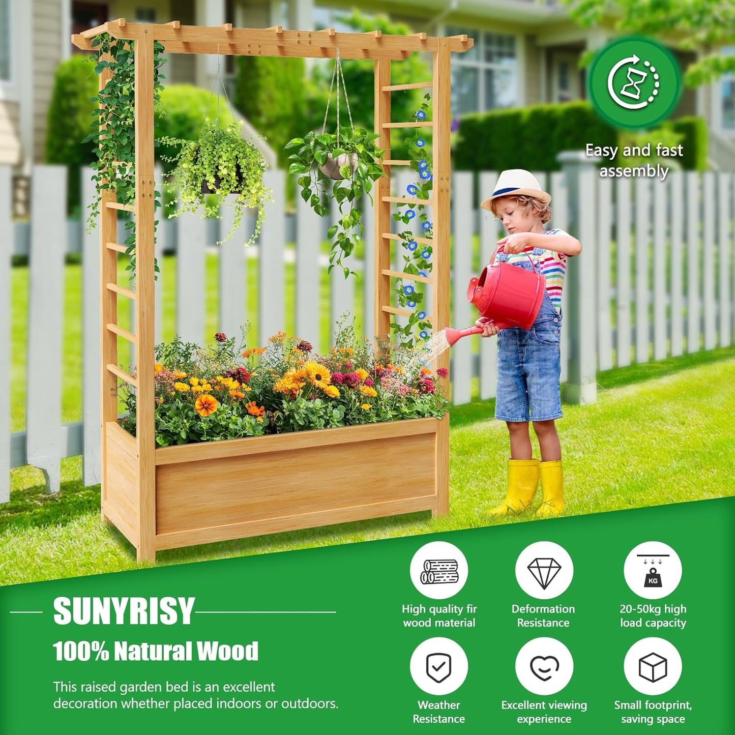 SUNYRISY Raised Garden Bed with Trellis, Wooden Vertical Planter Box with Trellis Outdoor for Climbing Plant Vine Flowers Vegetables, Planter Raised Bed with Hanging Roof and Drainage Holes