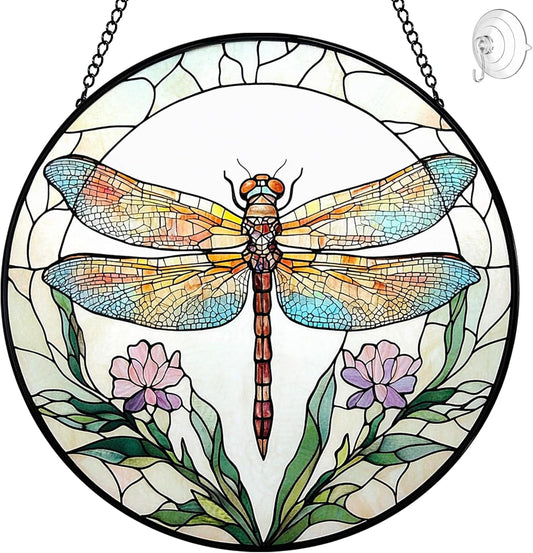 Dragonfly with Flower Suncatcher Stained Glass Window Hanging - 8” Stained Glass Suncatchers for