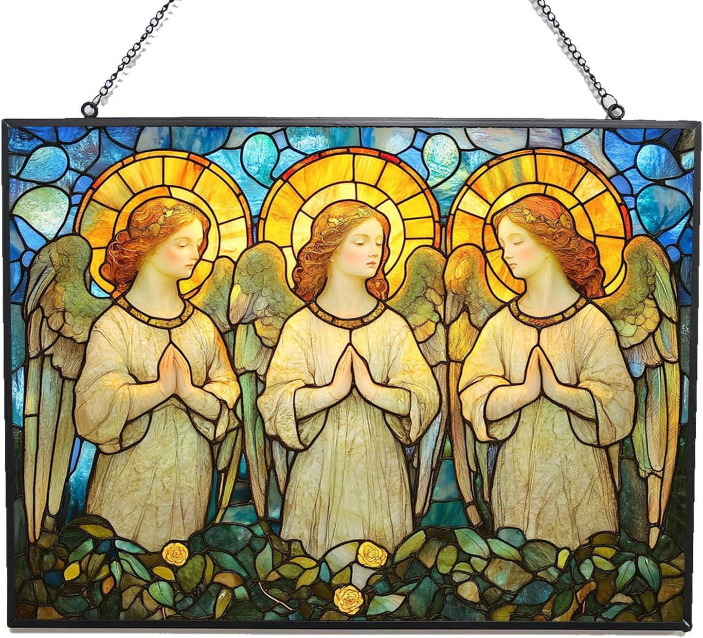 Rectangle Art Nouveau Angel Choir Suncatcher Stained Glass Window Hanging Handmade Stained Glass Suncatchers Metal Chain Outdoor Garden Decor Gift for Women Christmas Thanksgiving
