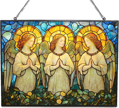 Rectangle Art Nouveau Angel Choir Suncatcher Stained Glass Window Hanging Handmade Stained Glass Suncatchers Metal Chain Outdoor Garden Decor Gift for Women Christmas Thanksgiving