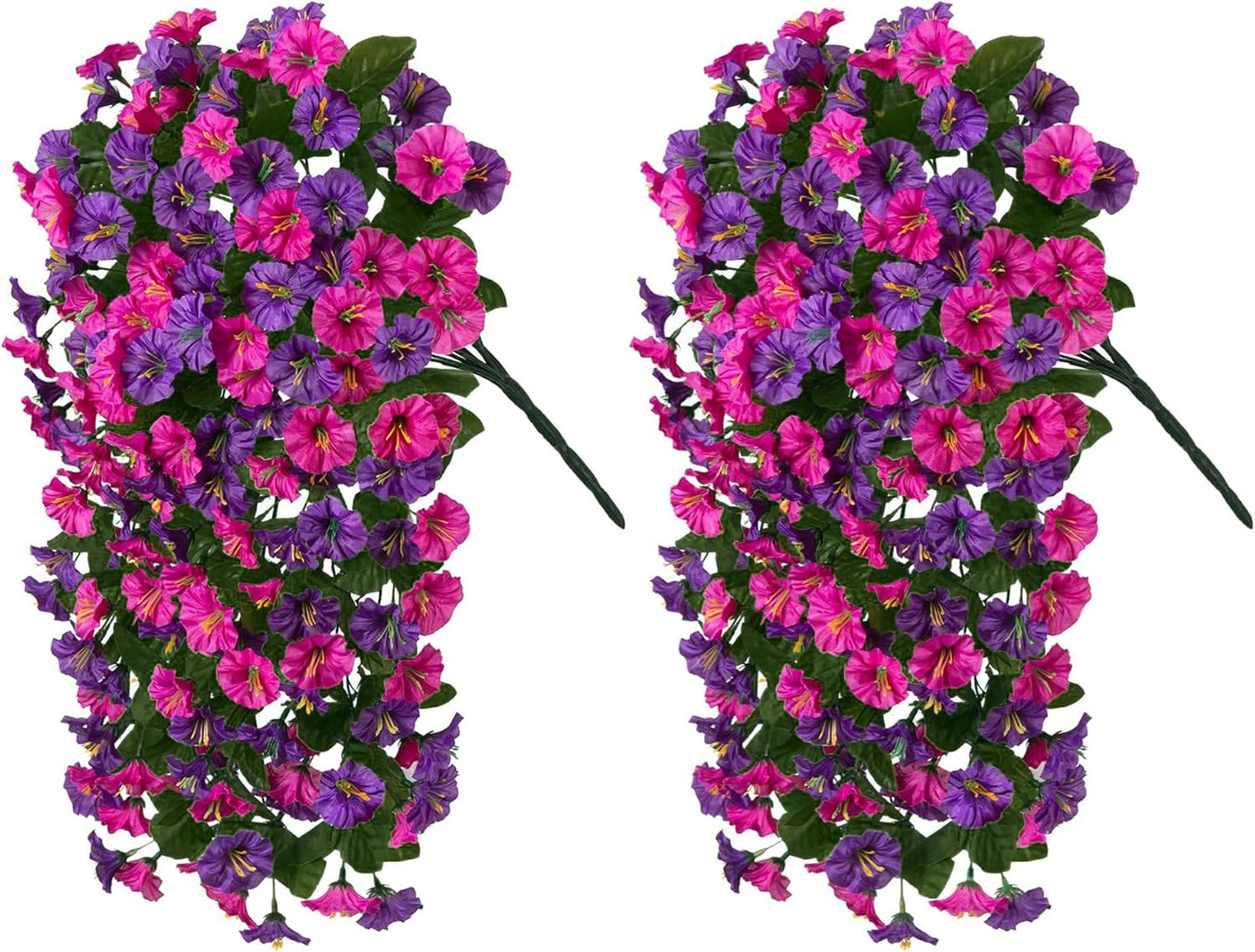 HyeFlora Artificial Fake Hanging Flowers Plants for Outdoor Outside, 2PCS Faux Silk Morning Glory Trailing Vines UV Resistant Look Real for Home Planter Porch Patio (Dark Purple and Fuchsia)