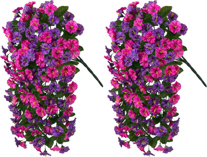HyeFlora Artificial Fake Hanging Flowers Plants for Outdoor Outside, 2PCS Faux Silk Morning Glory Trailing Vines UV Resistant Look Real for Home Planter Porch Patio (Dark Purple and Fuchsia)