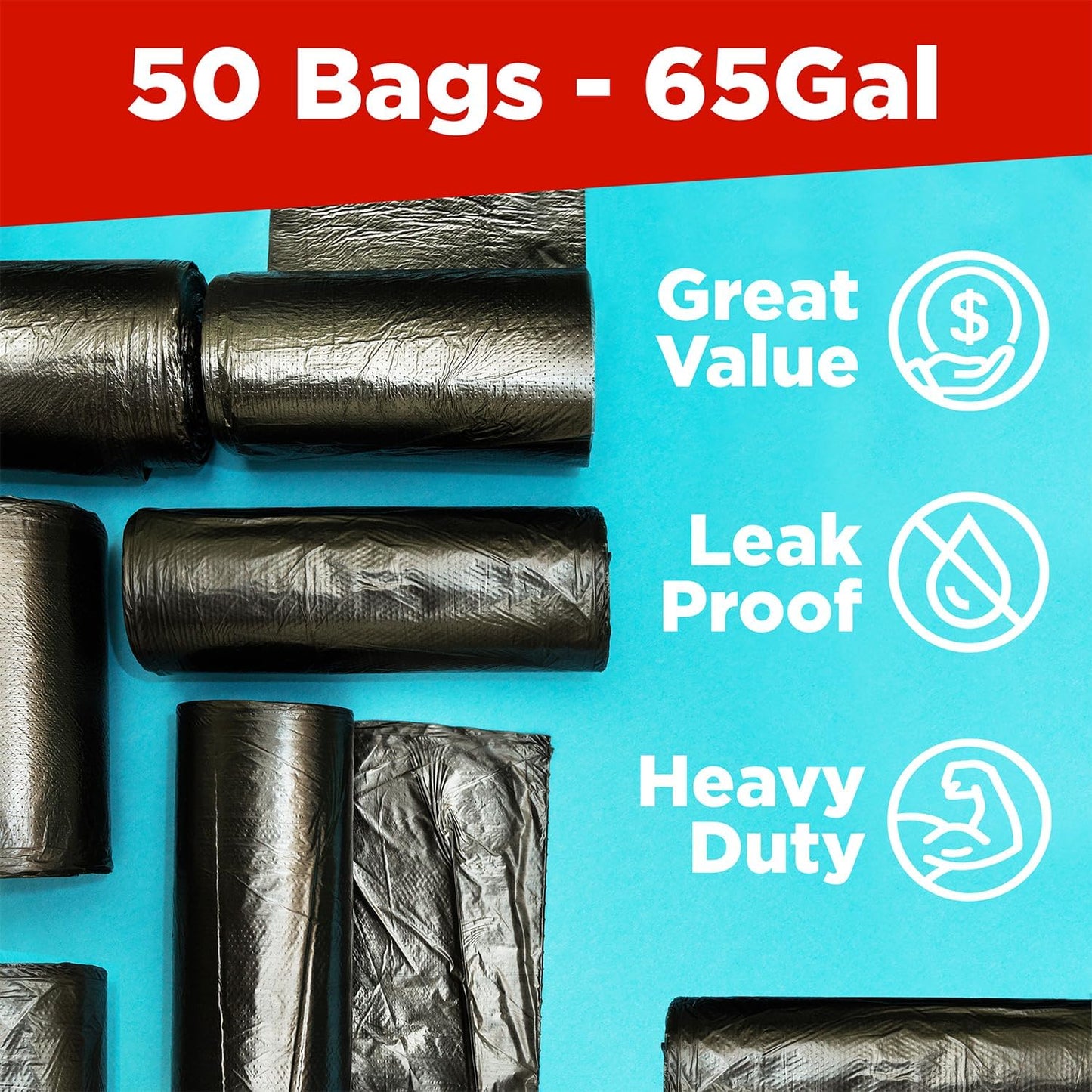 ToughBag 64-65 Gallon Trash Bags Heavy Duty, 50 x 48” Large Black Garbage Bags (50 Count) - Made In USA