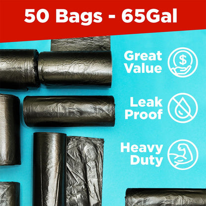 ToughBag 64-65 Gallon Trash Bags Heavy Duty, 50 x 48” Large Black Garbage Bags (50 Count) - Made In USA