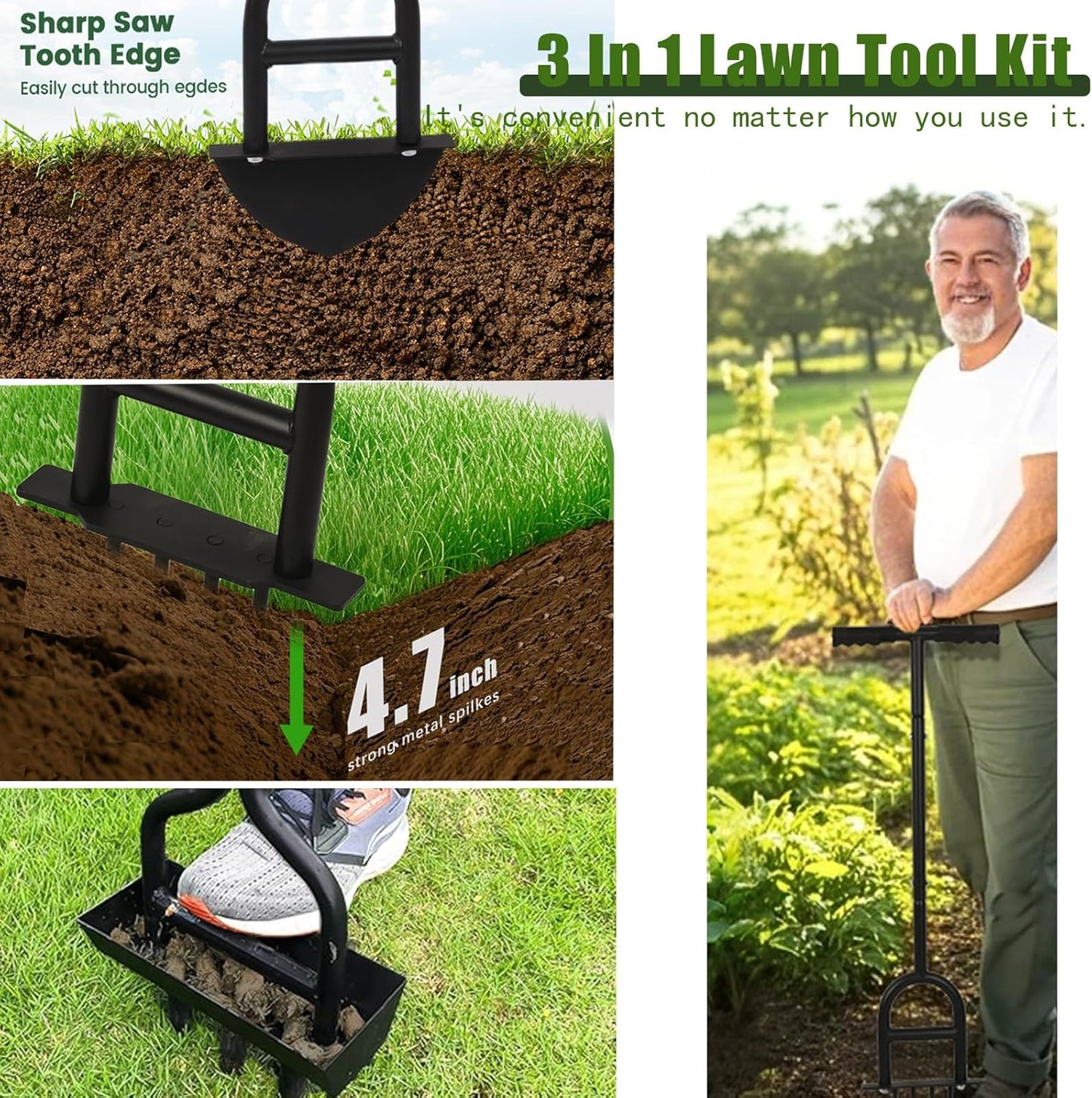 Lawn Aerator Garden Tool with Soil Core Tray, 3 in 1 Manual Grass Plug Air Aerator with Spike Tool and Half Moon Edging Tool, Coring Aeration for Lawn Yard Care